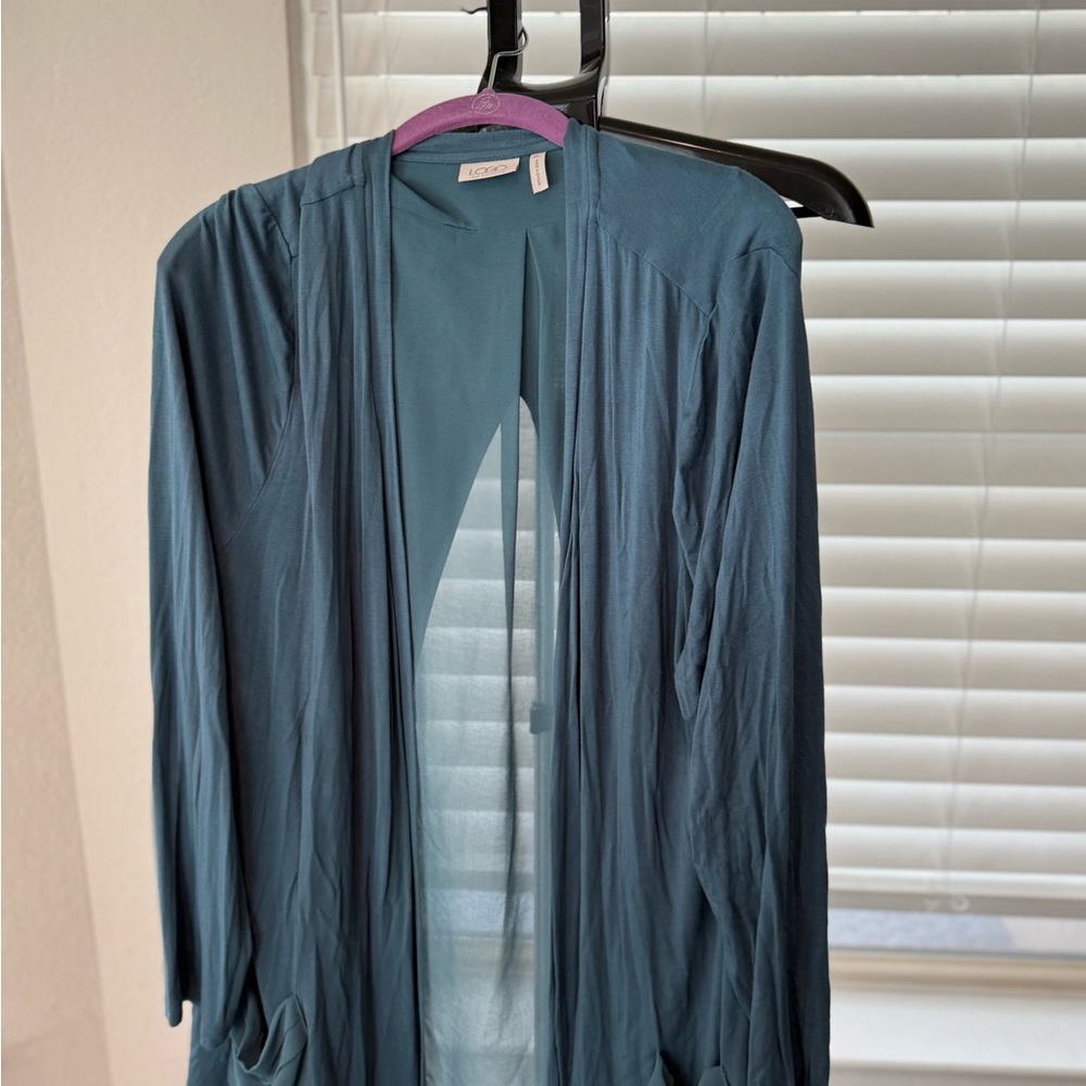 LOGO by Lori Goldstein Blue Open Front Cardigan